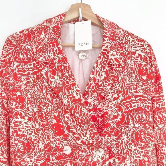 FATE Red Orange Cotton Linen Abstract Floral Cropped V Neck Spring Blazer NEW - Picture 6 of 16